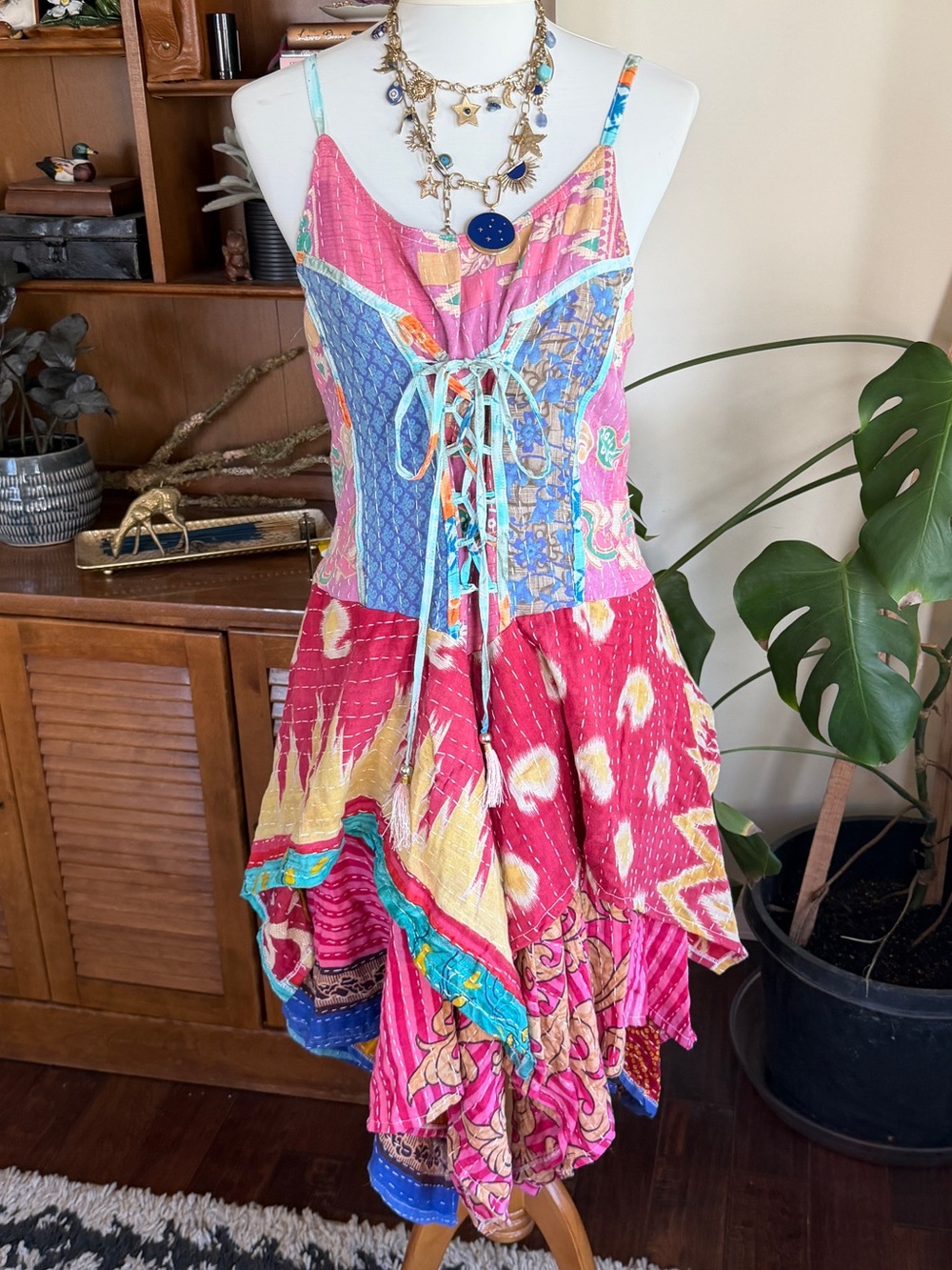 Wevez Kantha Bohemian Patchwork Pixie Skirt Corset Sundress Pink Multi OS